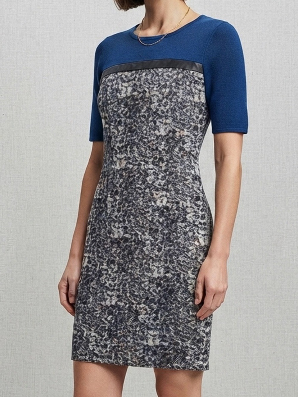London Times Blue and Gray Patterned Midi Sheath Dress
